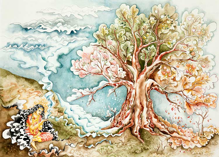 Aquarelle painting, Mother Nature and the Tree of Life