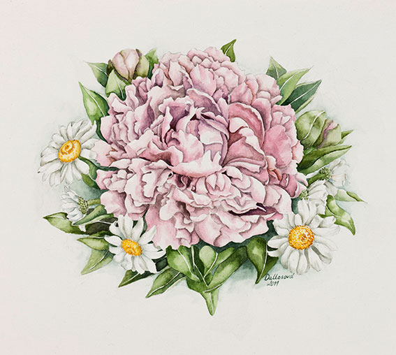 Aquarelle painting, a flower arrangement with summerflowers