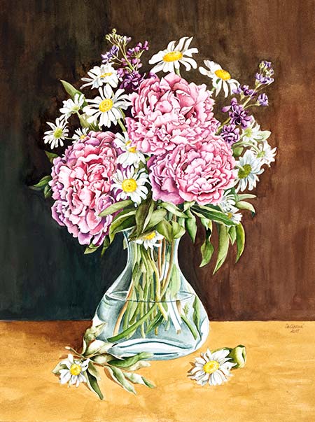 Aquarelle painting, Flower Arrangement with Peonies