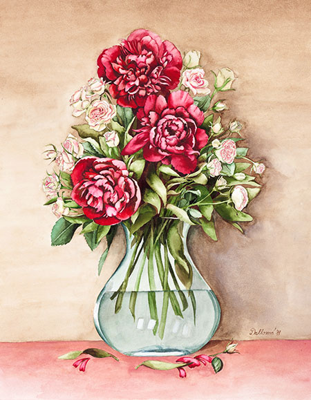Aquarelle painting, vase filled with red peonies and pink roses